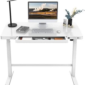 FLEXISPOT EG8 Comhar Glass Electric Standing Desk with Drawers Charging USB Port, 48 inch Adjustable Sit Stand Up Desk Quick Install Home Office Computer Table with Storage (Tempered Glass, White)