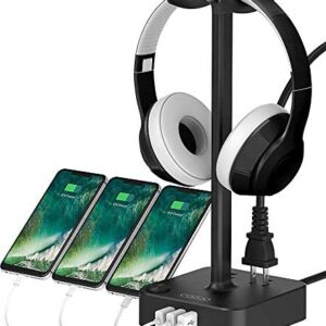 Headphone Stand with USB Charger COZOO Desktop Gaming Headset Holder Hanger with 3 USB Charger and 2 Outlets – Suitable for Gaming, DJ, Wireless Earphone Display (Black)
