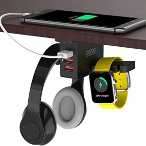 Headphone Stand with USB Charger COZOO Under Desk Headset Holder Mount with 3 Port USB Charging Station and iWatch Stand Smart Watch Charging Dock Dual Earphone Hanger Hook,UL Tested