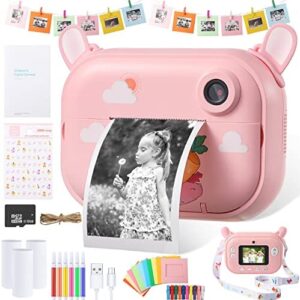 Instant Print Camera for Kids, Rechargeble Digital Camera for Photos Videos with USB Charging 32G Secure Digital Card Thermal Printing Paper Color Pens Photo Frame for Children Birthday Gift