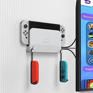 KUNSLUCK Wall Mount for Switch/Switch OLED, Metal Material Wall Mount Holder with Hooks for Hanging Joy-Cons, Safely Store Your Switch Console Near or Behind TV (White)