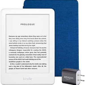 Kindle Essentials Bundle including Kindle, now with a built-in front light, White – Ad-Supported, Kindle Fabric Cover – Cobalt Blue, and Power Adapter
