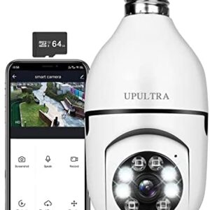 Light Bulb 1080P Security Camera, PTZ E27 Bulb 360 Degree Panoramic Wireless Connector with WiFi,Smart Motion Detection and Alarm,Two Way Audio,Night Vision, Remote Viewing with 64GB Memory Card