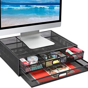 Monitor Stand, Monitor Stand with Drawer, Monitor Riser Mesh Metal, Desk Organizer, Monitor Stand with Storage, Desktop Computer Stand for PC, Laptop, Printer – HUANUO