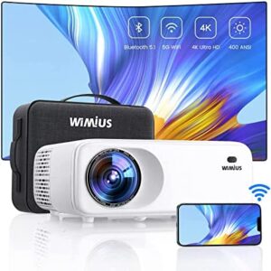 Native 1080P 5G WiFi Bluetooth Projector 4K Support, 400 ANSI WIMIUS Outdoor Movie Projector with 300″ Display , 4P/4D Keystone, 50% Zoom, Video Projector Compatible iOS/Android/TV Stick/PS4/PPT
