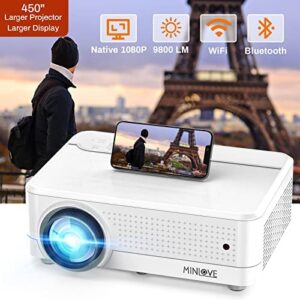 Native 1080p WiFi Bluetooth Projector, 4K Supported 450″ Display 9800L, MINLOVE High Brightness Full HD Movie Projector for Business Ceiling Home Theater, for iOS/Android/TV Stick/DVD/PC/PS5/HDMI/USB