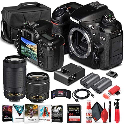 Nikon D7500 DSLR Camera (Body Only) (1581) + Nikon 70-300mm Lens + 18-55mm Lens + 64GB Memory Card + Case + Corel Photo Software + EN-EL 15 Battery + Card Reader + HDMI Cable + More (Renewed)
