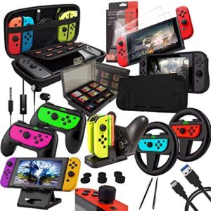 Orzly Accessory Bundle Kit designed for Nintendo Switch Accessories Geeks and OLED console users Case and Screen Protector, Joycon Grips and Wheels for enhanced games play and more – Jet black