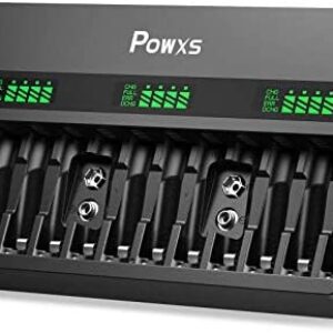 POWXS Rechargeable AA AAA 9V Battery Charger, High-Speed Battery Charger for 1.2V Ni-MH Ni-CD AA AAA 9V Rechargeable Batteries and 9V Lithium ion, 12 Bay Independent Charging ( Include AC Cable