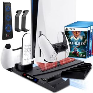 PS5 Cooling Stand with Controller Charger Station Accessories and Headset Holder, Dual Cooler Fan for Playstation 5 Console, Vertical Cooling Charging Dock with Adjustable Wind Speed&12 Game Storage