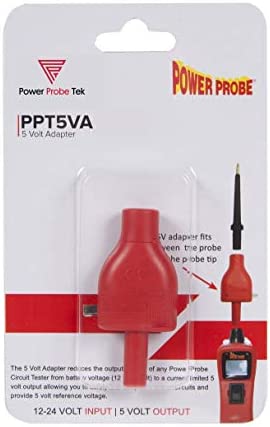 Power Probe 5 volt reference adapter will connect to any Power Probe Tek circuit-tester and limit the voltage to a5-volt reference