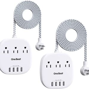 Power Strip 2 Pack, Desktop Charging Station with 3 Outlet 4 USB Ports 4.5A, Flat Plug, 5 ft Long Braided Extension Cord for Cruise Ship Travel Home Office, ETL Listed, White