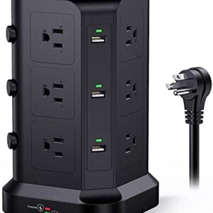 Power Strip Tower by KOOSLA, [15A 1500J] Surge Protector – 12 AC Multiple Outlets & 6 USB Ports, Flat Plug 14 AWG Heavy-Duty Extension Cord 6.5ft, Home Office Supplies, Dorm Room Essentials Black