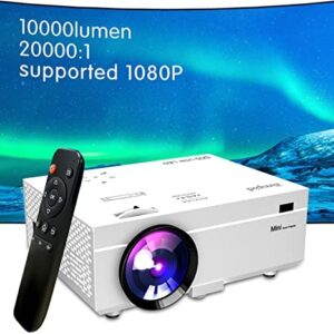 Projector 10000 Lumens Portable Video Projector, 200“ Screen Full HD 1080P Enhanced Mini Movie Projector, Compatible with HDMI USB Smartphone TV Stick PC for Outdoor/Home Projection