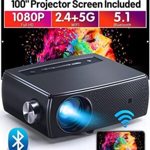 Projector, CLOKOWE 10000L 1080P HD 5G WiFi Bluetooth Projector, Portable Movie Projector with Screen, Home Theater Video Projector Compatible with Android/iOS/TV Stick/PS4, Support 4K&300”