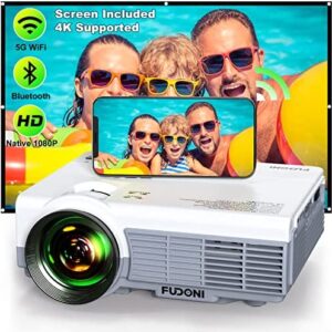Projector with WiFi and Bluetooth, 2022 Upgraded 5G WiFi Projector Native 1080P HD 4K Supported, FUDONI Outdoor Projector with Screen, Portable Home Projector for HDMI, USB, Laptop, TV Stick, Phone
