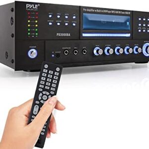 Pyle 4 Channel Wireless Bluetooth Amplifier – 3000 Watt Stereo Speaker Home Audio Receiver w/ FM Radio, USB, 2 Microphone w/ Echo for Karaoke, Front Loading CD DVD Player, LED, Rack Mount – PD3000BA