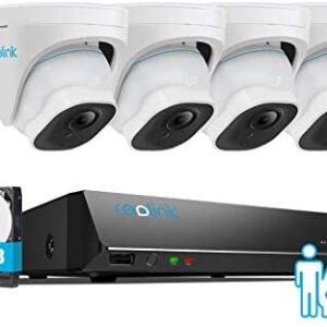 REOLINK 4K Security Camera System, 4pcs H.265 PoE Wired Turret 4K Cameras with Person Vehicle Detection, 4K/8MP 8CH NVR with 2TB HDD for 24-7 Recording, RLK8-820D4-A