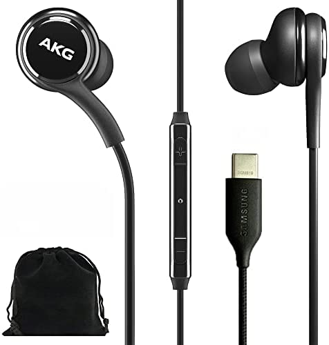 Samsung AKG Earbuds Original USB Type C in-Ear Earbud Headphones with Remote & Mic for Galaxy A53 5G, S22, S21 FE, S20 Ultra, Note 10, Note 10+, S10 Plus - Braided - Includes Velvet Pouch - Black