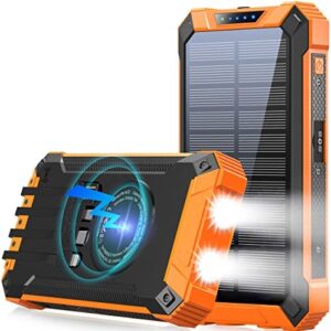 Solar Power Bank 36000mAh Built-in 4 Cables Qi Wireless Charger with Dual LED Flashlight Solar Portable External Battery IPX4 Waterproof 15W 5V/3A USB C Port Six Outputs Three Inputs(Orange)