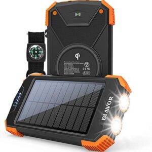 Solar Power Bank, Qi Portable Charger 10,000mAh External Battery Pack Type C Input Port Dual Flashlight, Compass, Solar Panel Charging (Orange)