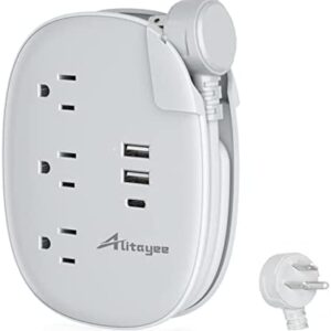 USB C Travel Power Strip,Alitayee Portable Power Strips with 3 Outlets 3 USB Ports Fast Charge, USB Extension Cord with Flat Plug and 3ft Wrapped Around Extension Cord for Cruise Travel Home Office