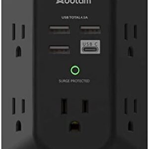 USB Wall Charger Surge Protector – Addtam 5 Outlet Extender with 4 USB Charging Ports ( 1 USB C), 3-Sided 1800J Power Strip Multi Plug Outlets Adapter Widely Spaced,Black