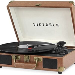 Victrola Vintage 3-Speed Bluetooth Portable Suitcase Record Player with Built-in Speakers | Upgraded Turntable Audio Sound| Includes Extra Stylus | Brown