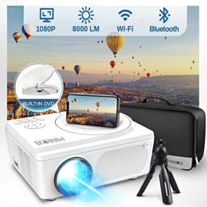WiFi Bluetooth Projector Built in DVD Player, MINLOVE 1080P Supported Portable DVD Projector, Mini Video Movie Projector for Outdoor, Zoom & Sleep Timer Support, Compatible with TV/HDMI/VGA/AV/USB/TF