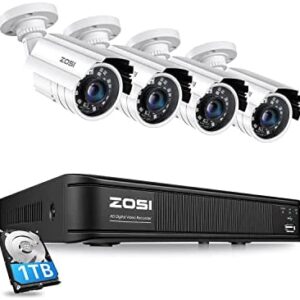 ZOSI H.265+ Full 1080p Home Security Camera System Outdoor Indoor, 5MP-Lite CCTV DVR 8 Channel with Hard Drive 1TB and 4 x 1080p Weatherproof Surveillance Camera with 80ft Night Vision, Motion Alerts