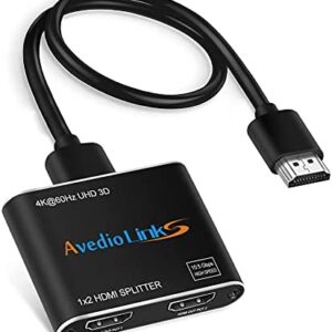 avedio links 4K@60Hz HDMI Splitter 1 in 2 Out, 2 Way HDMI Splitter for Dual Monitors, 1×2 HDMI 2.0 Splitter Video Distributor Mirror Only, Support Full HD 1080P 3D HDCP1.4 (HDMI Cable Included)
