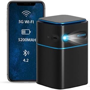 NexiGo Smart WiFi Mini Portable Projector, 4K Supported, Android 9.0, [100 ANSI – Over 3000 Lux], DLP Bluetooth Pico Video Projector, 4-Hours Playtime, Neat Projector, Home Entertainment